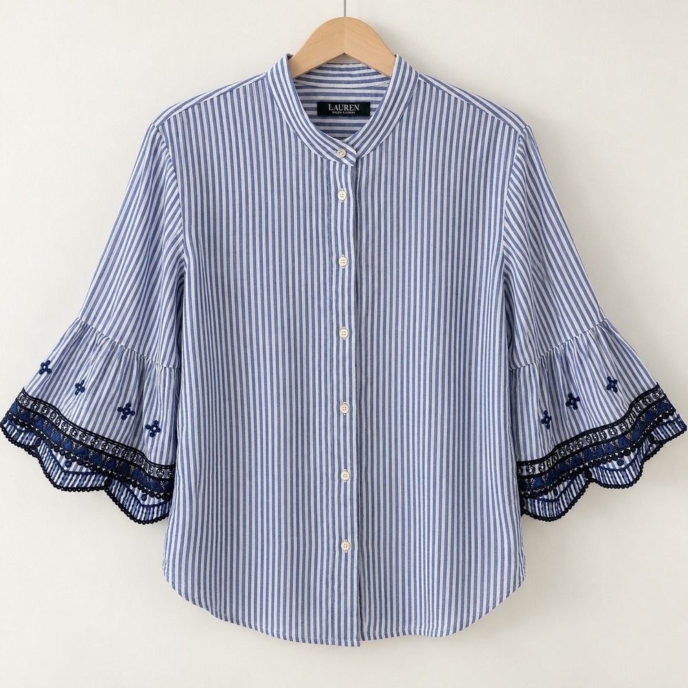 Lauren Ralph Lauren Coastal Striped Bell Sleeve Blouse Womens M Boho Lace Eyelet